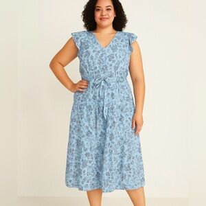 Ann Taylor Blue Floral Midi Dress Size 18 Flutter Sleeve Belted Cotton Lined